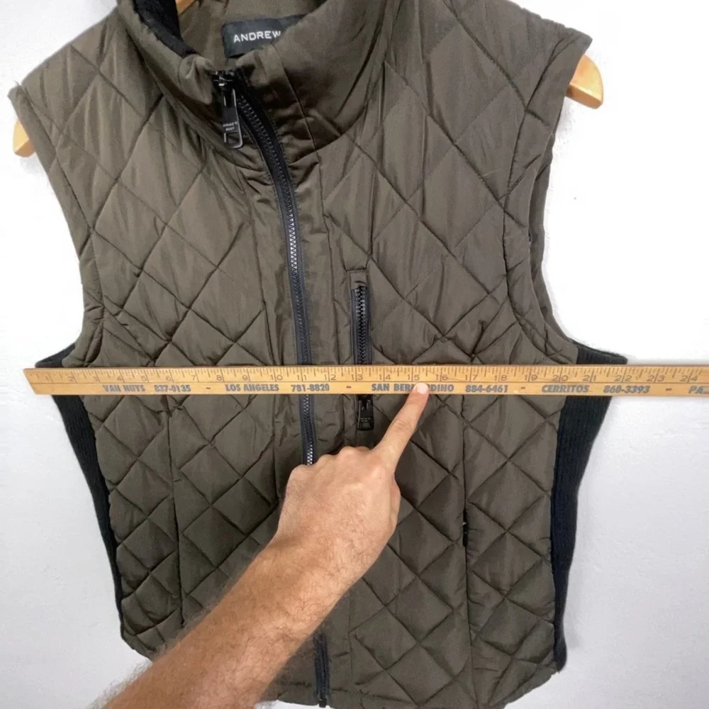 Andrew Marc Quilted Vest Women XL Olive Full Zip Ribbed Trim Puffer Outdoor Hike